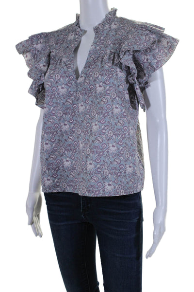 Sundays Women's Ruffle V-Neck Flutter Sleeves Floral Casual Blouse Size S