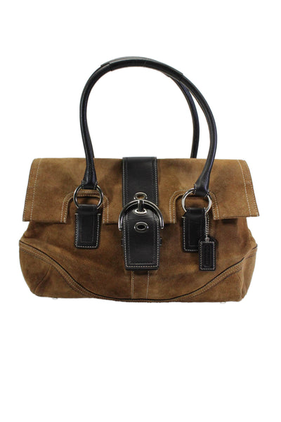 Coach Womens Front Buckle Double Top Handle Handbag Suede Brown Medium