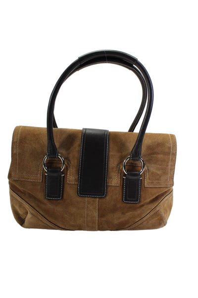 Coach Womens Front Buckle Double Top Handle Handbag Suede Brown Medium