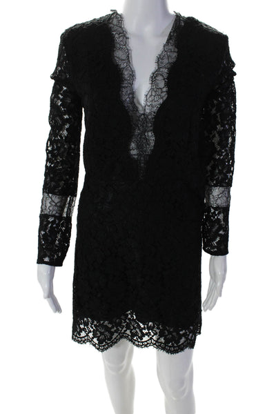 Sandro Womens Side Zip Long Sleeve V Neck Lace Overlay Dress Black Size 1