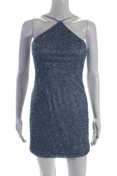 Rhonda Baum Couture Womens Blue Beaded Halter Sleeveless Mini Dress Size XS