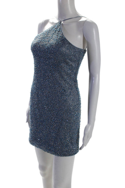 Rhonda Baum Couture Womens Blue Beaded Halter Sleeveless Mini Dress Size XS