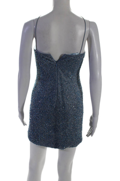 Rhonda Baum Couture Womens Blue Beaded Halter Sleeveless Mini Dress Size XS