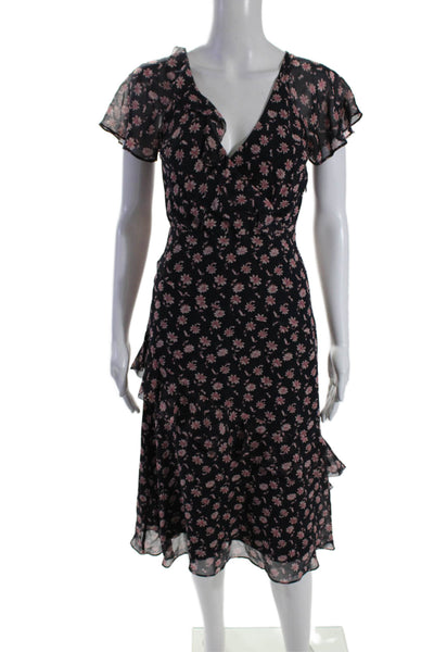 Joie Womens Silk Floral Print V Neck A Line Maxi Dress Black Pink Size 00