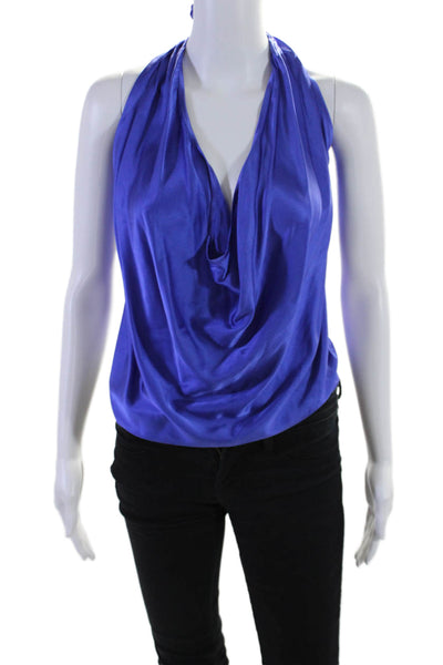 Ramy Brook Womens Silk Cowl Halter Neck Sleeveless Blouse Blue Size XS