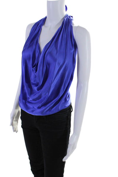 Ramy Brook Womens Silk Cowl Halter Neck Sleeveless Blouse Blue Size XS