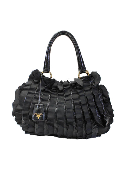 Prada Womens Black Ruffled Tessuto Key Charm Satchel Bag Handbag