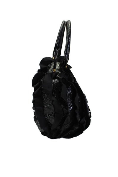 Prada Womens Black Ruffled Tessuto Key Charm Satchel Bag Handbag