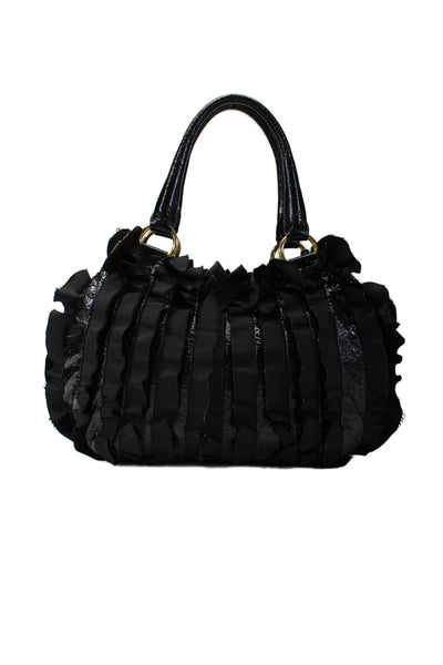 Prada Womens Black Ruffled Tessuto Key Charm Satchel Bag Handbag