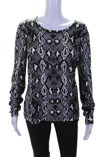 J. Mclaughlin Womens Cotton Black Python Print Crew Neck Sweater Top Size M