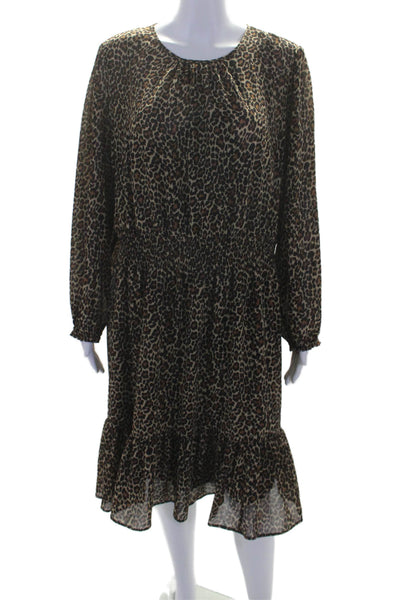 J Crew Womens Animal Print Elastic Waist Long Sleeve Mid-Calf Dress Brown Size L