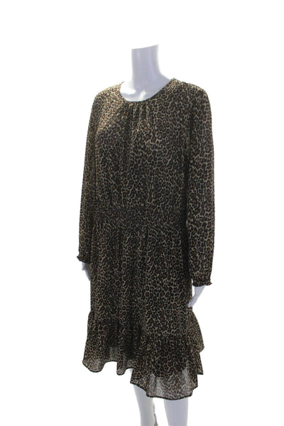 J Crew Womens Animal Print Elastic Waist Long Sleeve Mid-Calf Dress Brown Size L