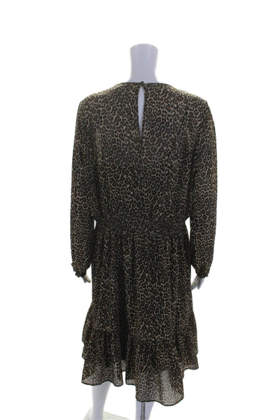 J Crew Womens Animal Print Elastic Waist Long Sleeve Mid-Calf Dress Brown Size L