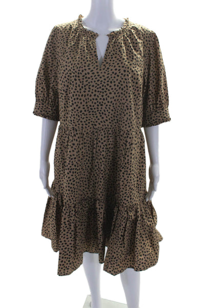 J Crew Womens Cotton Spotted V-Neck Short Sleeve Tiered Dress Brown Size L