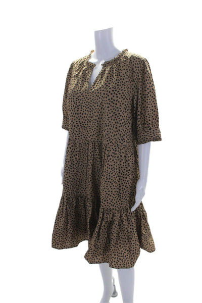 J Crew Womens Cotton Spotted V-Neck Short Sleeve Tiered Dress Brown Size L