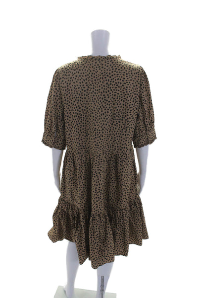 J Crew Womens Cotton Spotted V-Neck Short Sleeve Tiered Dress Brown Size L