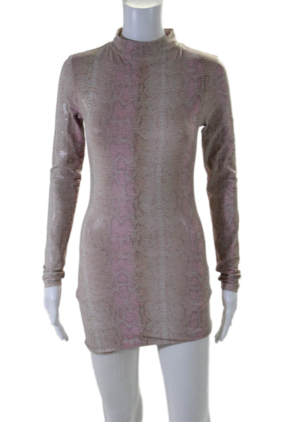 Bill Hallman Womens Back Zip Crew Neck Snakeskin Printed Dress Pink Brown Small