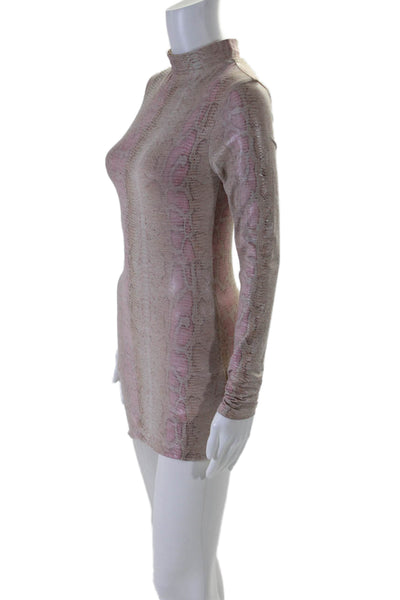 Bill Hallman Womens Back Zip Crew Neck Snakeskin Printed Dress Pink Brown Small