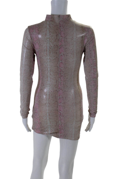 Bill Hallman Womens Back Zip Crew Neck Snakeskin Printed Dress Pink Brown Small