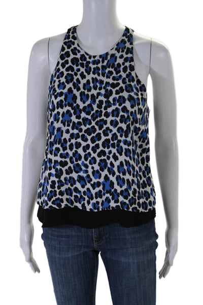 Karina Grimaldi Womens Sleeveless Crew Neck Leopard Print Top White Blue Small