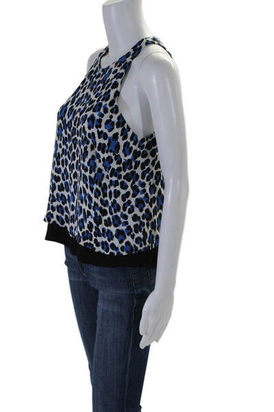 Karina Grimaldi Womens Sleeveless Crew Neck Leopard Print Top White Blue Small