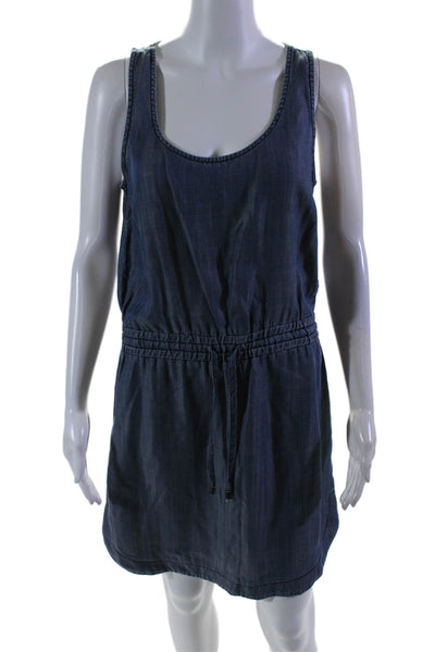 Saks Fifth Avenue Womens Round Neck Drawstring Waist Denim Short Dress Blue Size