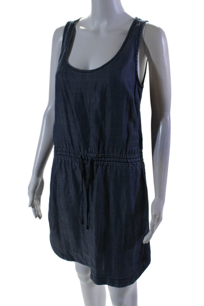 Saks Fifth Avenue Womens Round Neck Drawstring Waist Denim Short Dress Blue Size