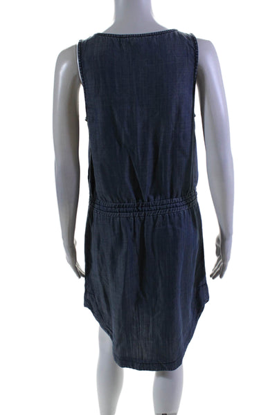 Saks Fifth Avenue Womens Round Neck Drawstring Waist Denim Short Dress Blue Size