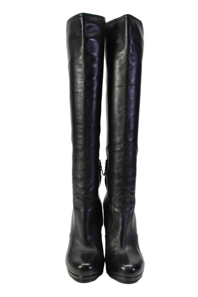 Prada Womens Leather Mini Zip Long Knee High Platform Boots Black Size EUR 37