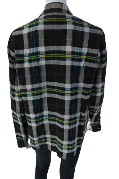 Equipment Femme Womens Silk Plaid Collared Button Up Blouse Top Black Size S