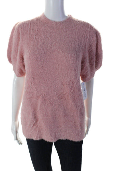 CeCe Womens Round Neck Short Sleeve Rib Texture Fuzzy Thick Sweater Pink Size  M