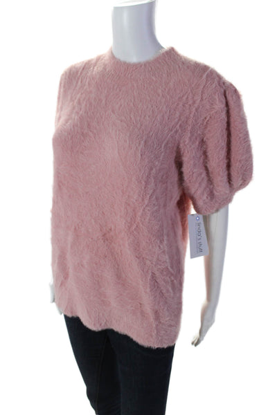 CeCe Womens Round Neck Short Sleeve Rib Texture Fuzzy Thick Sweater Pink Size  M