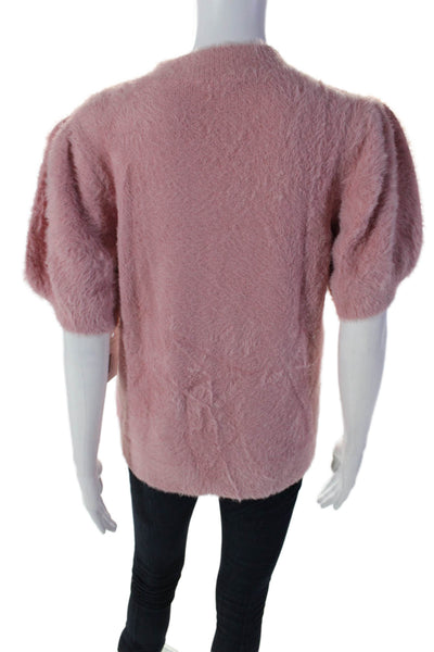 CeCe Womens Round Neck Short Sleeve Rib Texture Fuzzy Thick Sweater Pink Size  M