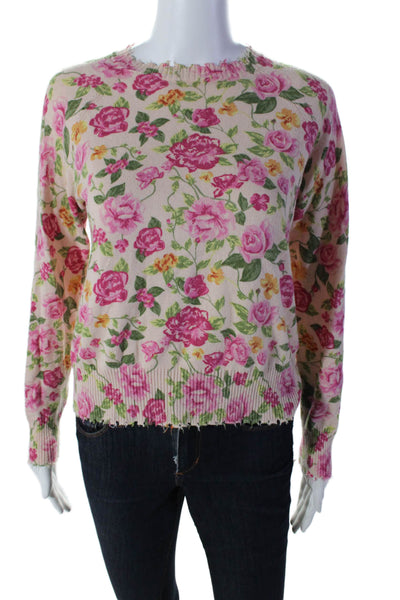 Minnie Rose Women's Distress Long Sleeves Pullover Sweater Pink Floral Size S