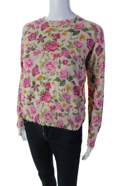 Minnie Rose Women's Distress Long Sleeves Pullover Sweater Pink Floral Size S