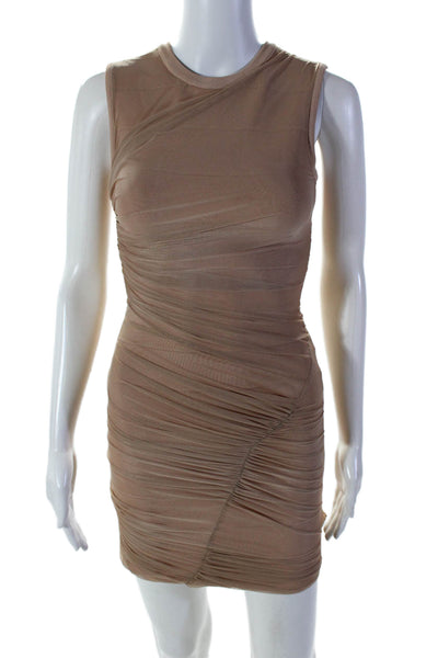 Herve Leger Womens Stretch Layered Ruched Sleeveless Zip Up Dress Beige Size S