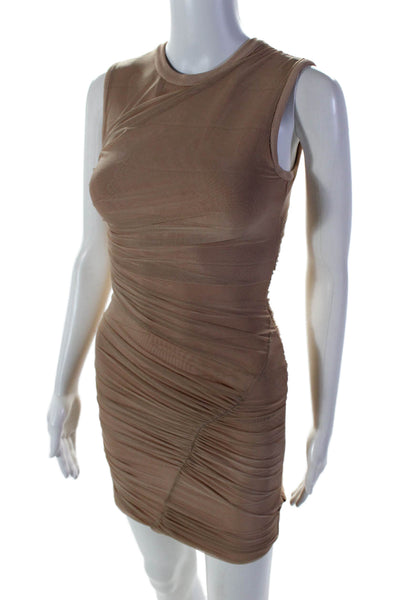 Herve Leger Womens Stretch Layered Ruched Sleeveless Zip Up Dress Beige Size S