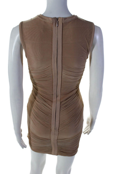 Herve Leger Womens Stretch Layered Ruched Sleeveless Zip Up Dress Beige Size S