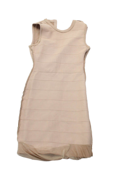 Herve Leger Womens Stretch Layered Ruched Sleeveless Zip Up Dress Beige Size S