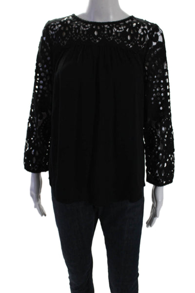 Joie Womens Solid Black Lace Trim Crew Neck Long Sleeve Blouse Top Size S