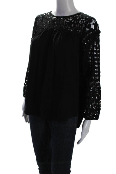 Joie Womens Solid Black Lace Trim Crew Neck Long Sleeve Blouse Top Size S