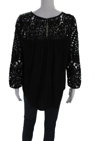 Joie Womens Solid Black Lace Trim Crew Neck Long Sleeve Blouse Top Size S