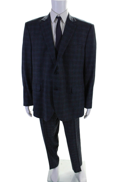 Woodbury Men's Long Sleeves Lined Two Piece Pants Suit Navy Blue Plaid Size 40