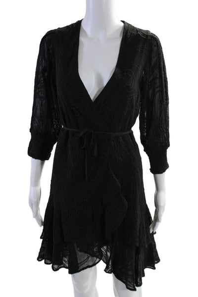 Allsaints Women's V-Neck Long Sleeves Ruffle Wrap Mini Dress Black Size 0