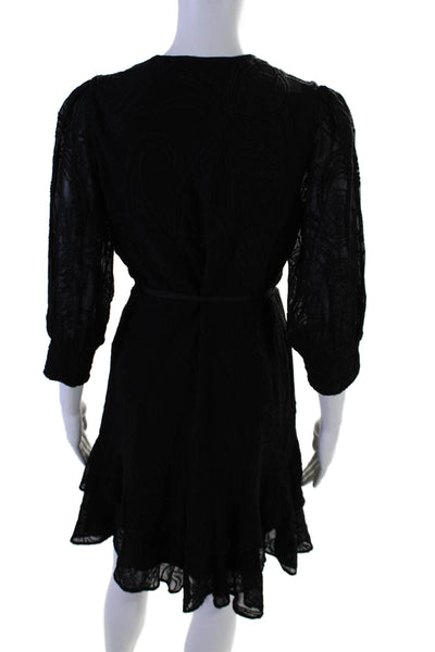 Allsaints Women's V-Neck Long Sleeves Ruffle Wrap Mini Dress Black Size 0