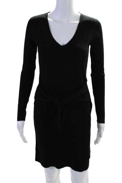 Ecru Womens Long Sleeve Ribbed Knit V Neck Tie Waist Dress Black Size XS