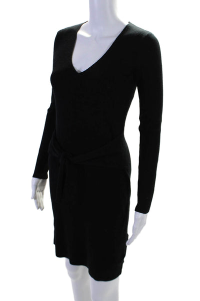 Ecru Womens Long Sleeve Ribbed Knit V Neck Tie Waist Dress Black Size XS