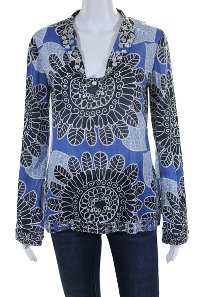 Tory Burch Womens Cotton Floral Print Long Sleeve V-Neck Tunic Top Blue Size 4