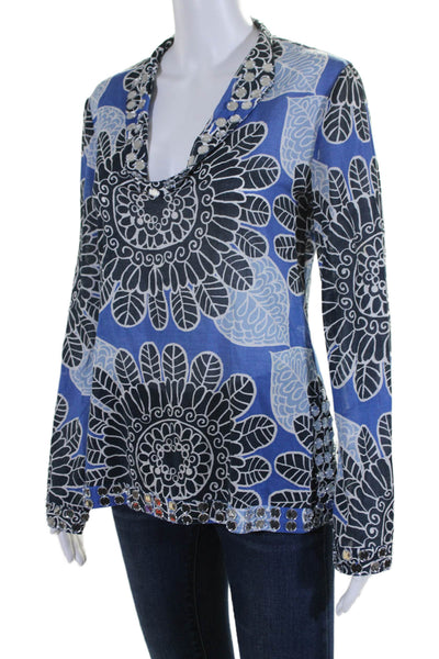 Tory Burch Womens Cotton Floral Print Long Sleeve V-Neck Tunic Top Blue Size 4