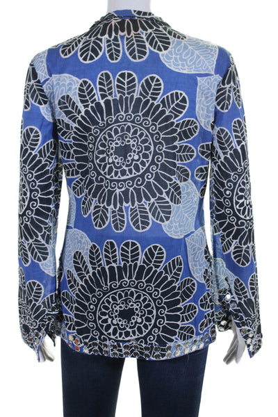 Tory Burch Womens Cotton Floral Print Long Sleeve V-Neck Tunic Top Blue Size 4